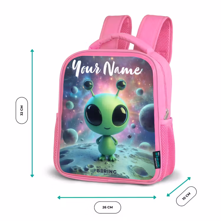 Groen buitenaards wezentje op maanlandschap Kinderrugzak - Roze middel -productfoto_formaten