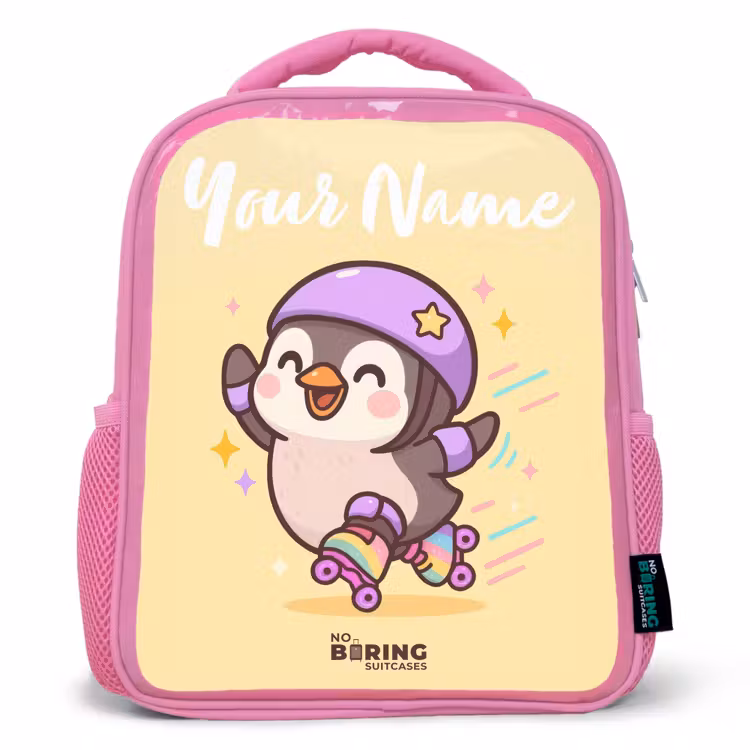 Kawai - Pinguin - Rolschaatsen Kinderrugzak - Roze middel -3d