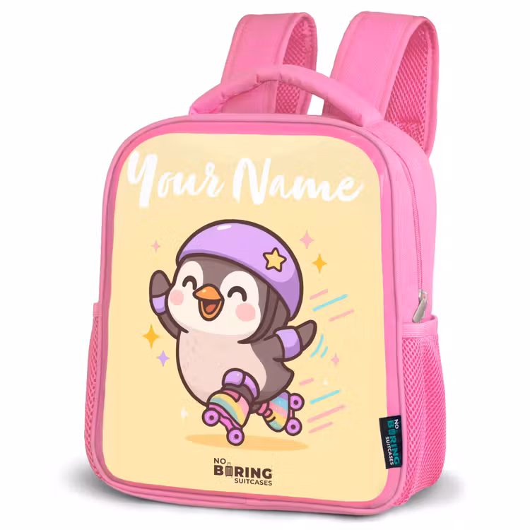 Kawai - Pinguin - Rolschaatsen Kinderrugzak - Roze middel -schuin