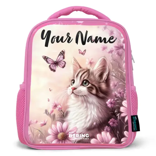 Kitten - Vlinders - Paars - Bloemen Kinderrugzak - Roze middel -3d