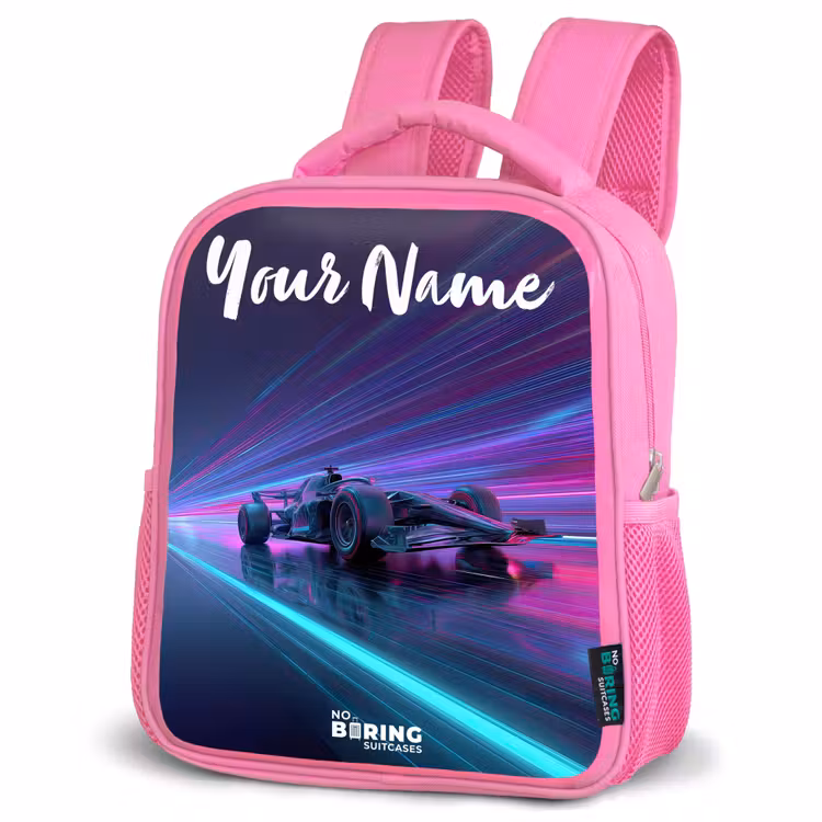 Lichtstralen - Neon - Racewagen - Paars Kinderrugzak - Roze middel -schuin