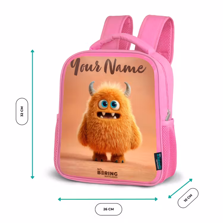 Oranje Pluizig Monster met Hoorns Kinderrugzak - Roze middel -productfoto_formaten