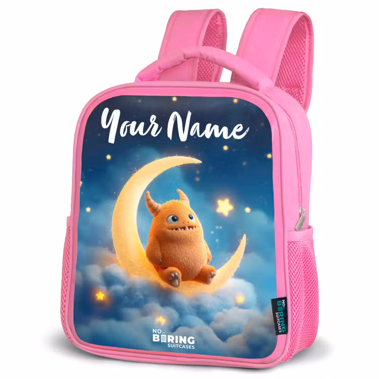 Oranje monster op maansikkel Kinderrugzak - Roze middel -schuin