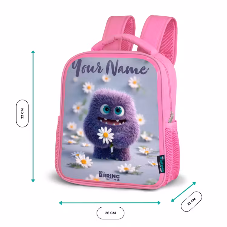 Paars Pluizig Vriendje met Madelief Kinderrugzak - Roze middel -productfoto_formaten