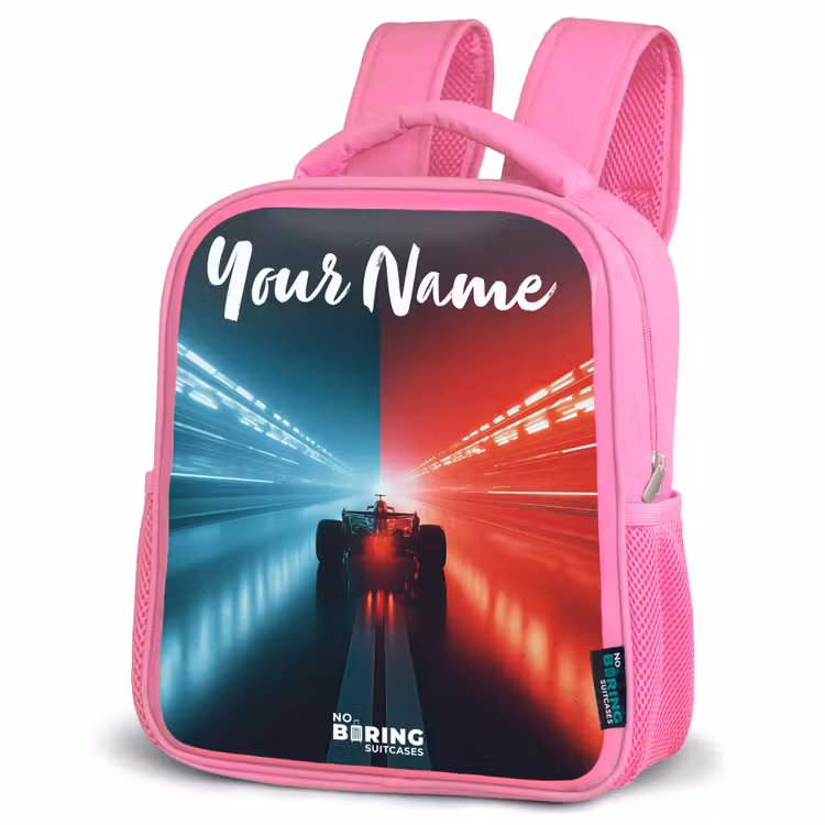 Raceauto - Verlichting - Neon - Rood Kinderrugzak - Roze middel -schuin