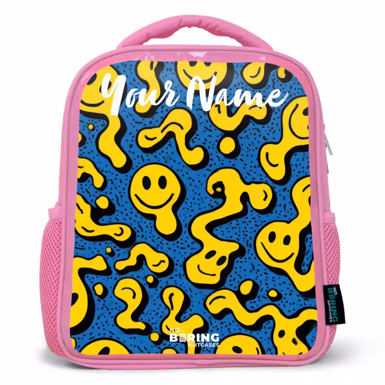 Smiley - Geel - Blauw Kinderrugzak - Roze middel -3d