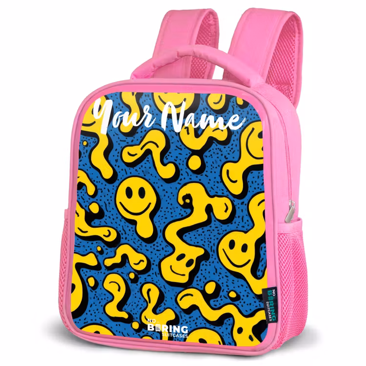 Smiley - Geel - Blauw Kinderrugzak - Roze middel -schuin