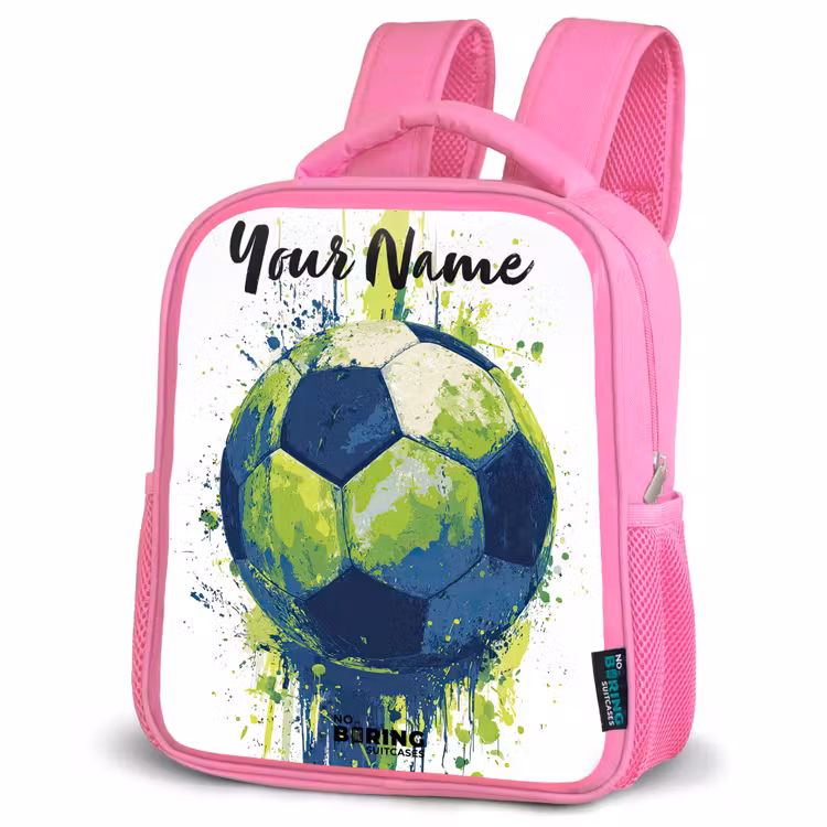 Voetbalvibes - Verf - Groen - Blauw Kinderrugzak - Roze middel -schuin