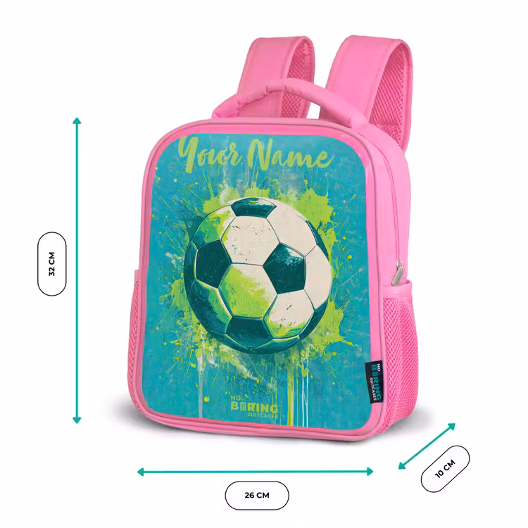 Voetbalvibes - Verfspatten - Groen - Blauw Kinderrugzak - Roze middel -productfoto_formaten