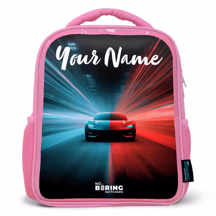 Sportauto - Blauw - Neon - Stad Kinderrugzak - Roze middel -3d