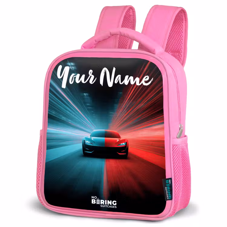Sportauto - Blauw - Neon - Stad Kinderrugzak - Roze middel -schuin