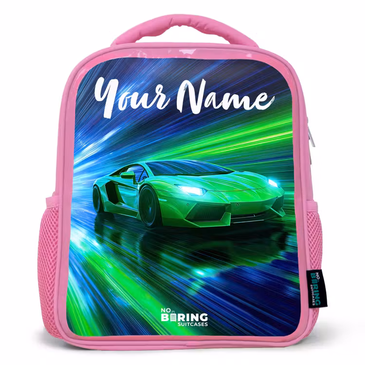 Sportauto - Groen - Snelheidslijnen - Neon Kinderrugzak - Roze middel -3d
