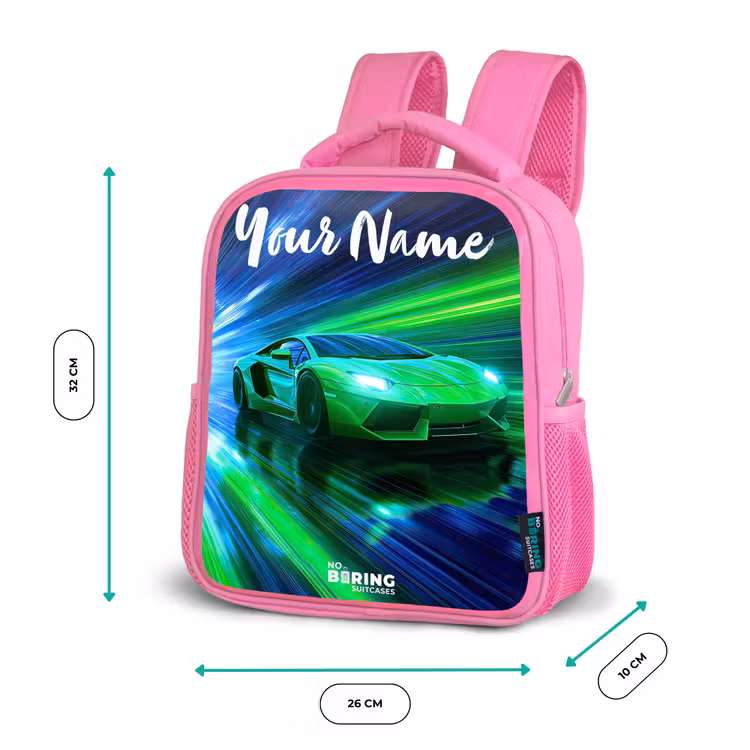 Sportauto - Groen - Snelheidslijnen - Neon Kinderrugzak - Roze middel -productfoto_formaten