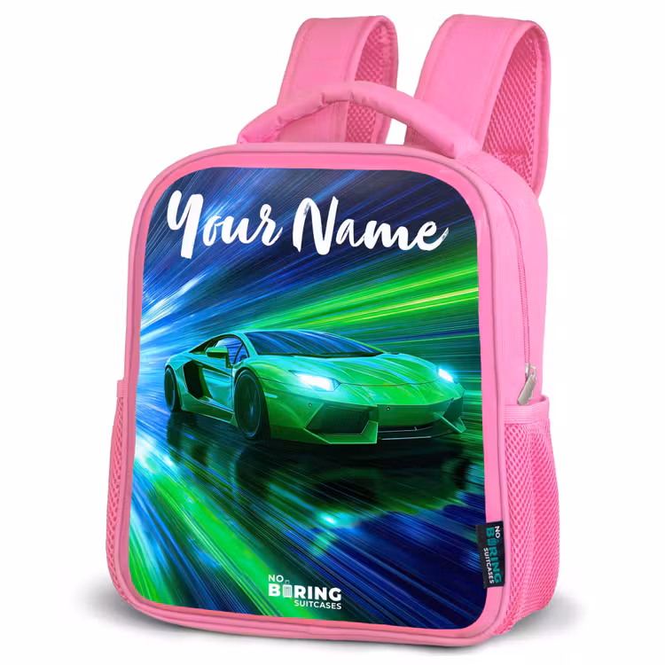 Sportauto - Groen - Snelheidslijnen - Neon Kinderrugzak - Roze middel -schuin