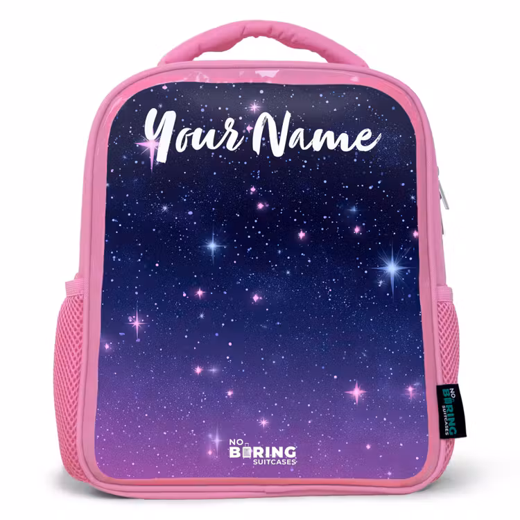 Sterren - Galaxy - Blauw - Roze Kinderrugzak - Roze middel -3d