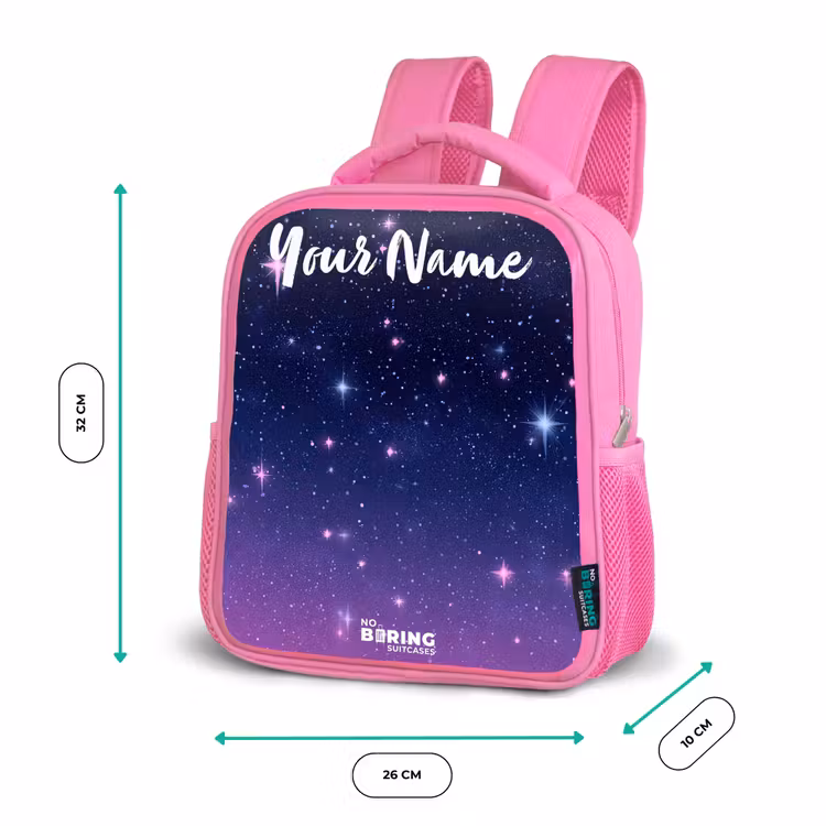 Sterren - Galaxy - Blauw - Roze Kinderrugzak - Roze middel -productfoto_formaten