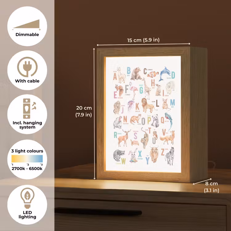 Alfabet - Educatief - Letters leren voor kinderen - Wilde dieren - Kleurrijk Light Box met kabel (Kinderlampje) klein -USP_EN