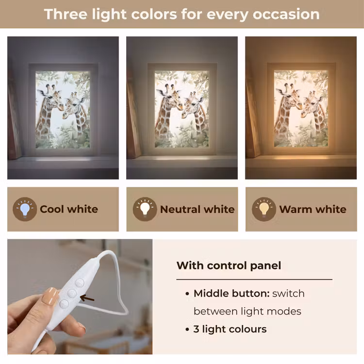 Dieren - Giraffe - Bladeren - Kinderen Light Box met kabel (Kinderlampje) klein -USP_lichtkleurEN