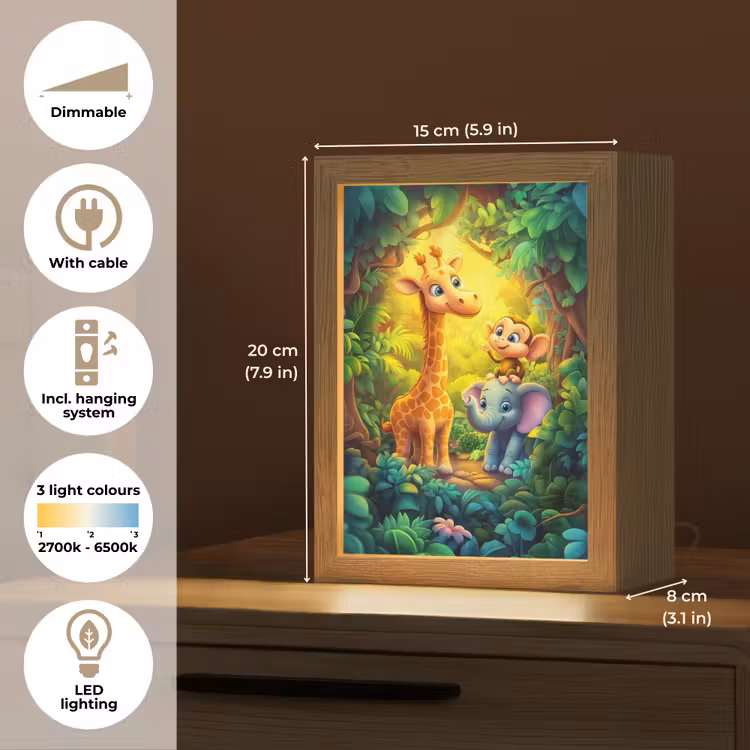Dieren - Jungle - Giraf - Olifant - Aapje Light Box met kabel (Kinderlampje) klein -USP_EN