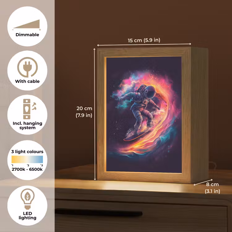 Astronaut - Ruimte - Surfen - Kleurrijk Light Box met kabel (Kinderlampje) klein -USP_EN