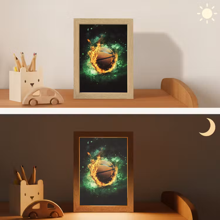 Basketbal - Vuur - Vlammen - Groen Light Box met kabel klein -sfeer3_kind