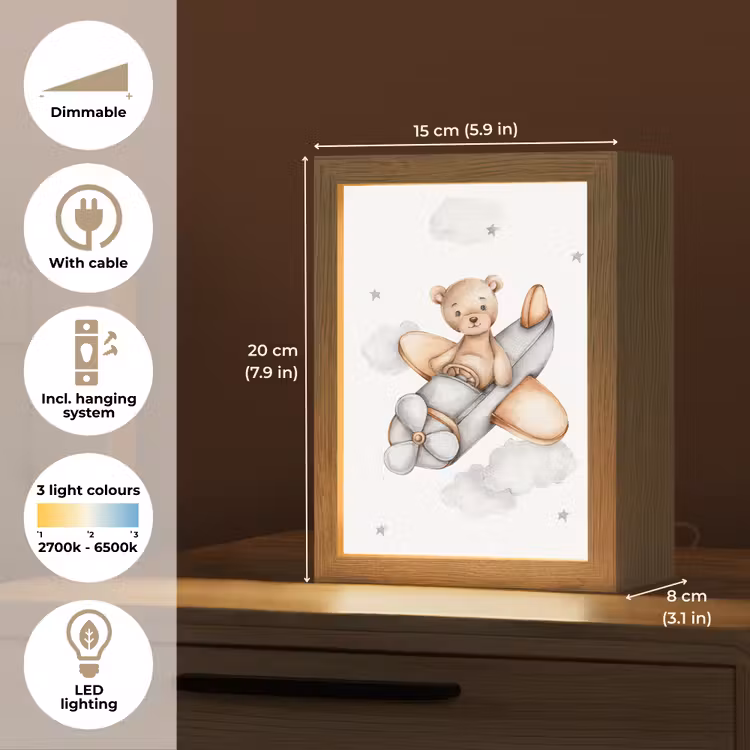 Beer - Vliegtuig - Sterren - Kinderen Light Box met kabel (Kinderlampje) klein -USP_EN