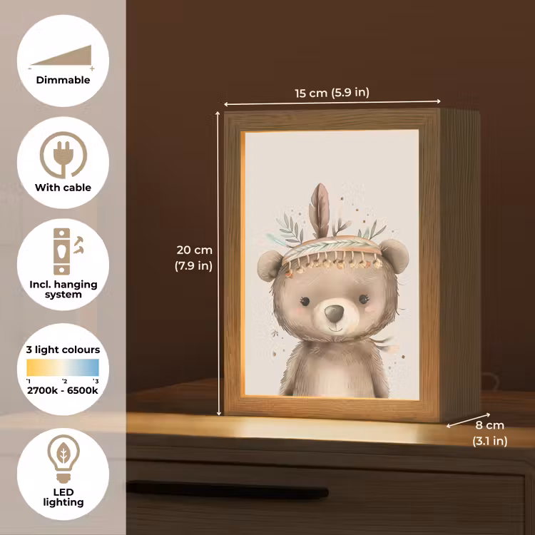 Beer - Boho - Indianentooi - Dieren Light Box met kabel (Kinderlampje) klein -USP_EN