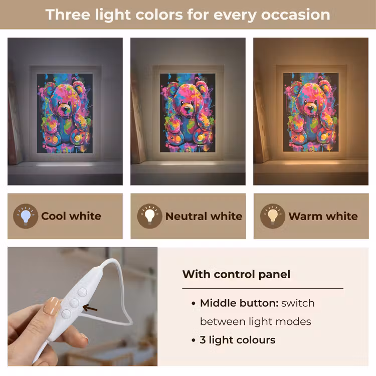 Beer - Verf - Kleurrijk - Knuffeldier Light Box met kabel (Kinderlampje) klein -USP_lichtkleurEN