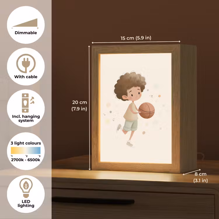 Beige - Jongen - Basketbal - Stippen Light Box met kabel (Kinderlampje) klein -USP_EN