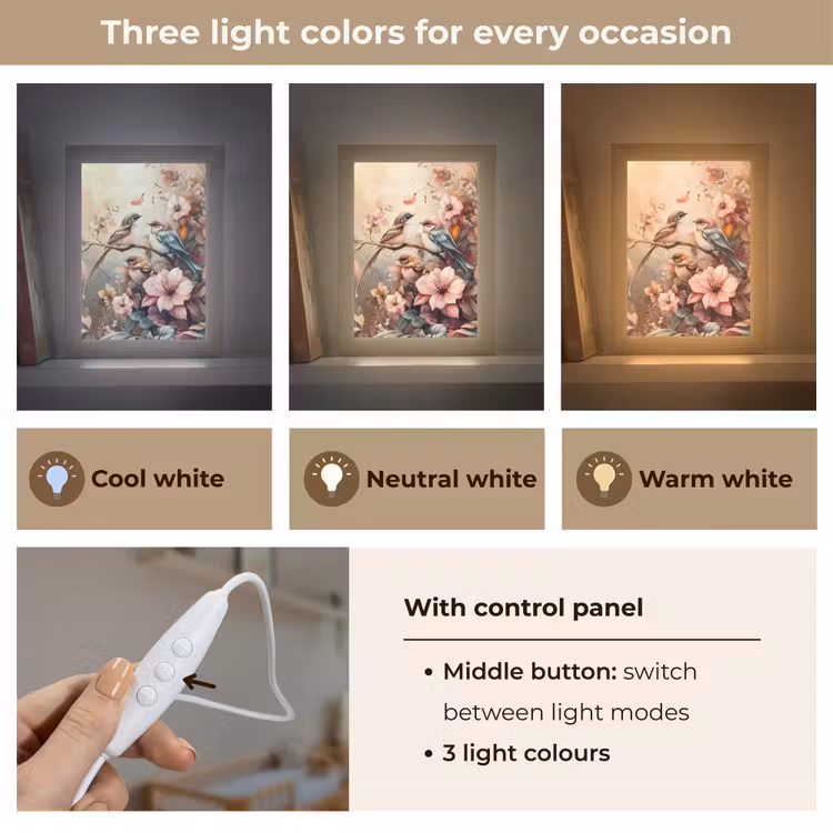 Vogels - Bloemen - Roze - Pastel Light Box met kabel (Kinderlampje) klein -USP_lichtkleurEN