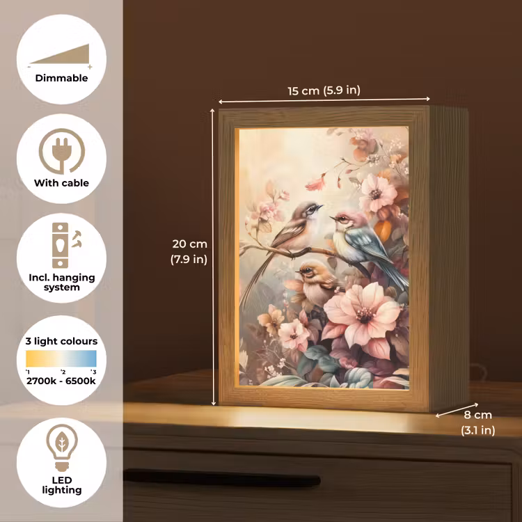 Vogels - Bloemen - Roze - Pastel Light Box met kabel (Kinderlampje) klein -USP_EN