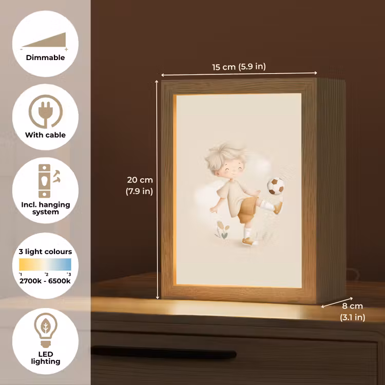 Jongen - Beige - Minimalistisch - Voetbal Light Box met kabel (Kinderlampje) klein -USP_EN