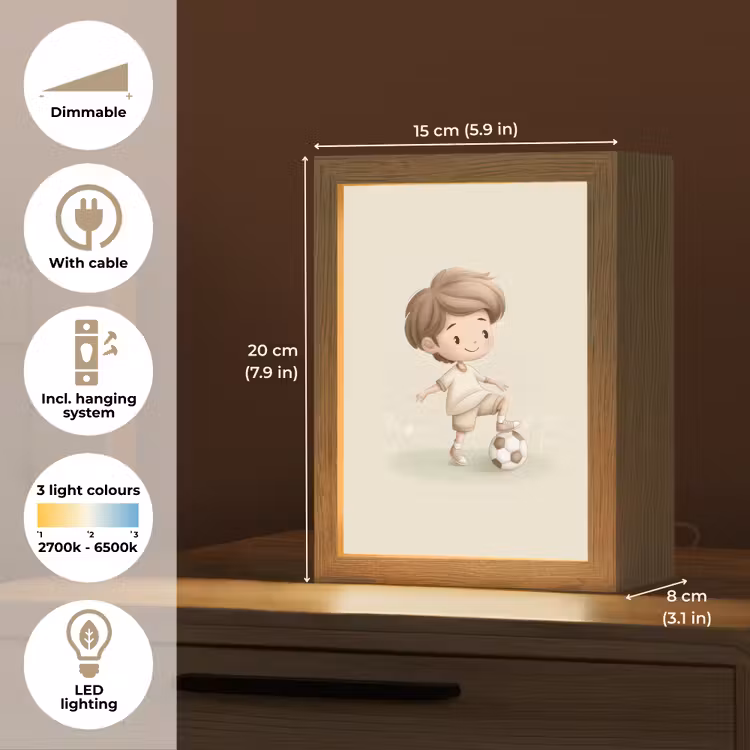 Jongen - Voetbal - Bruin - Minimalistisch Light Box met kabel (Kinderlampje) klein -USP_EN