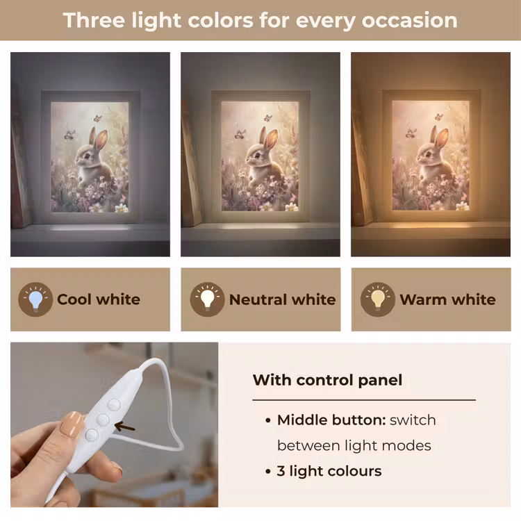 Konijntje - Bruin - Bloemen - Vlinders Light Box met kabel (Kinderlampje) klein -USP_lichtkleurEN