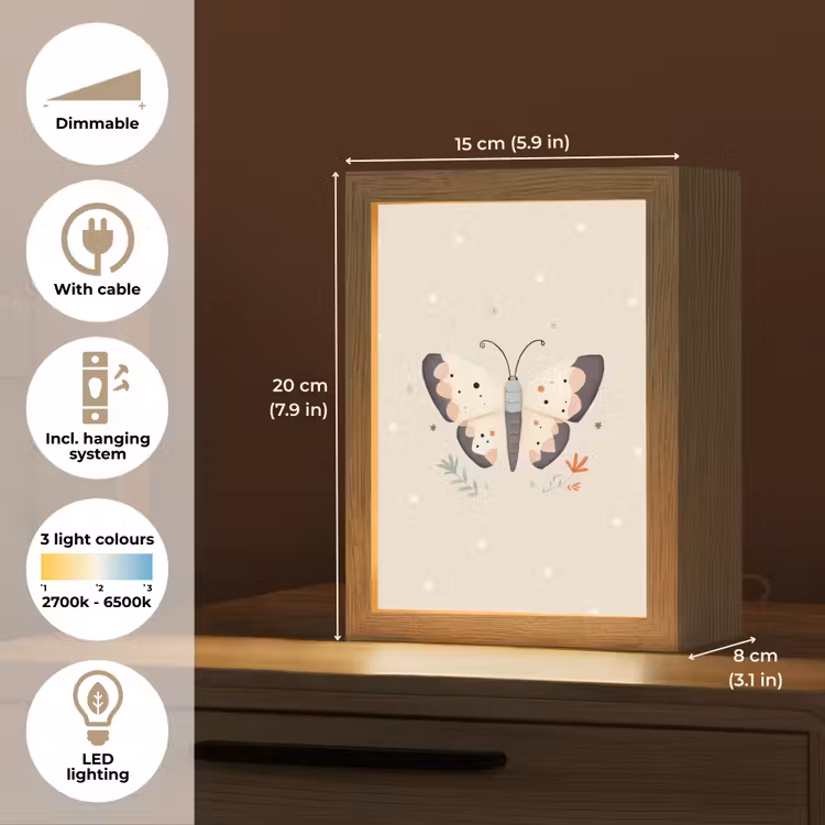 Vlinder - Minimalistisch - Pastel - Stippen Light Box met kabel (Kinderlampje) klein -USP_EN