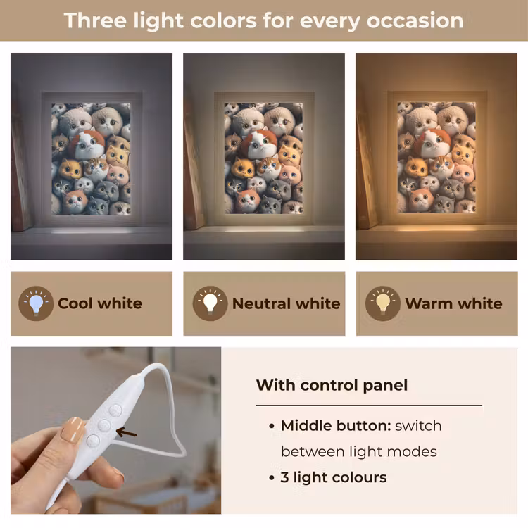 Poes - Kat - Design - Bruin - Grijs - Kids Light Box met kabel (Kinderlampje) klein -USP_lichtkleurEN