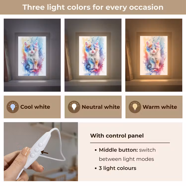 Kat - Kleurrijk - Verf - Dier - Wit Light Box met kabel (Kinderlampje) klein -USP_lichtkleurEN