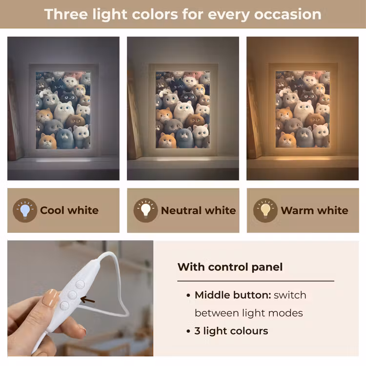 Katten - Dieren - Poes - Design - Meiden - Jongens Light Box met kabel (Kinderlampje) klein -USP_lichtkleurEN