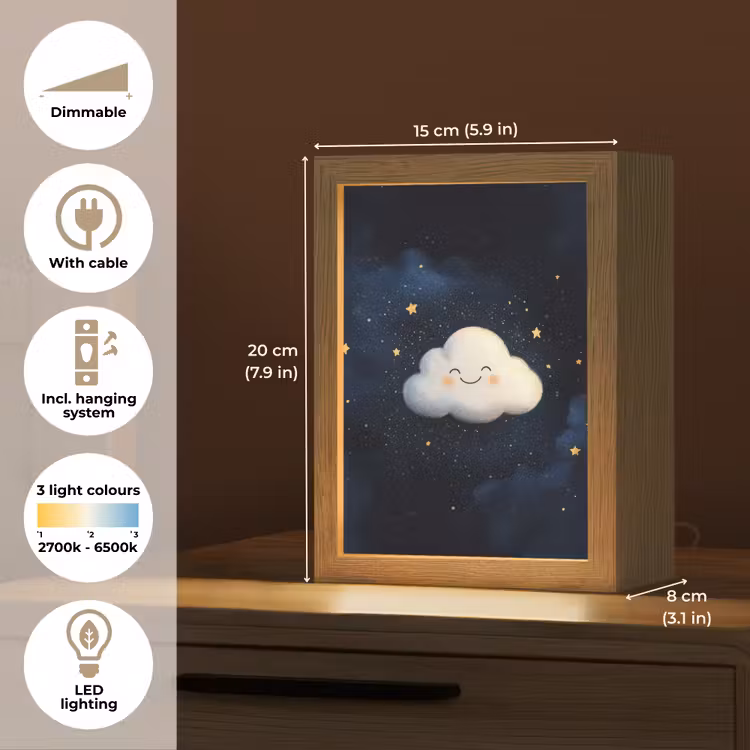 Wolkje - Gezichtje - Sterren - Donkerblauw Light Box met kabel (Kinderlampje) klein -USP_EN