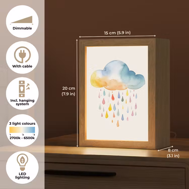 Wolk - Regen - Watercolor - Kleurrijk Light Box met kabel (Kinderlampje) klein -USP_EN