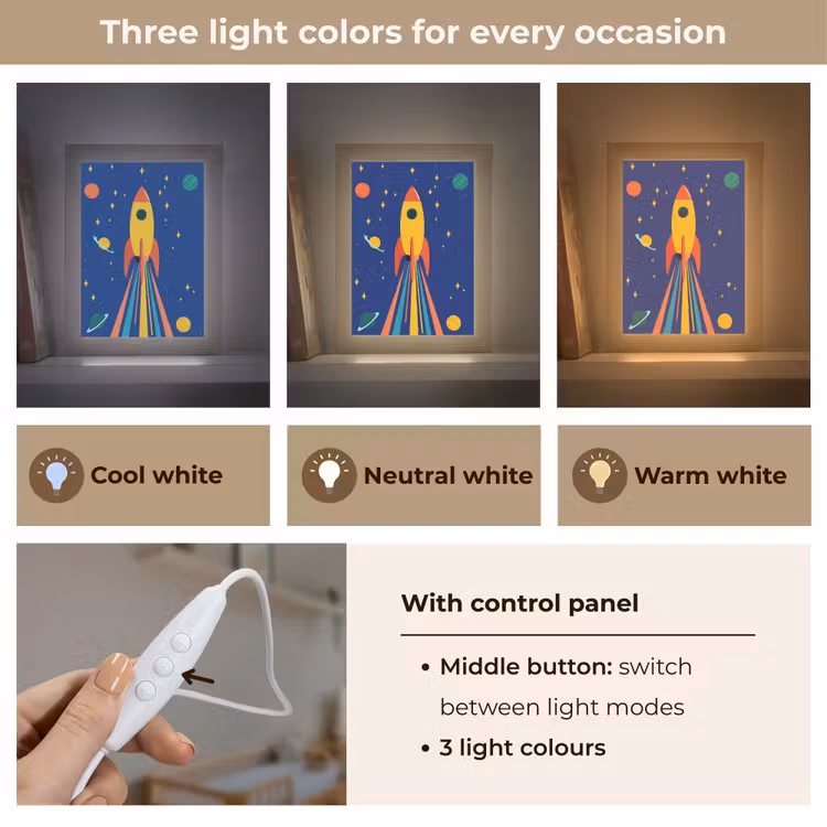 Kleurrijk - Raket - Ruimte Light Box met kabel (Kinderlampje) klein -USP_lichtkleurEN