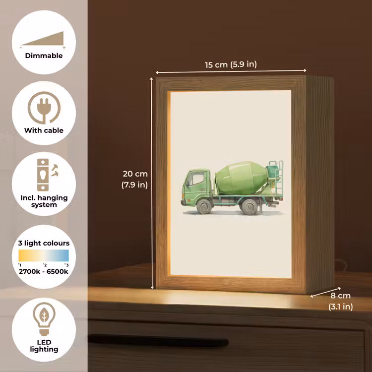 Betonwagen - Illustratie - Groen - Minimalistisch Light Box met kabel (Kinderlampje) klein -USP_EN