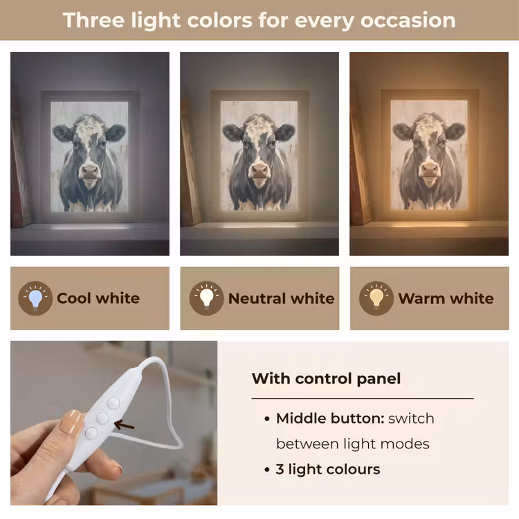 Koe - Portret - Dieren - Modern Light Box met kabel (Kinderlampje) klein -USP_lichtkleurEN