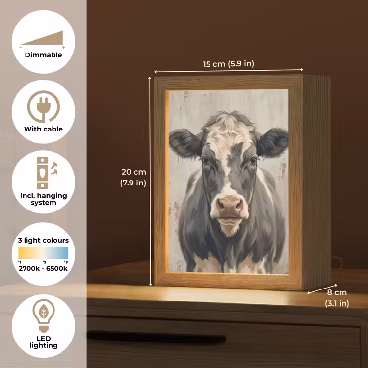 Koe - Portret - Dieren - Modern Light Box met kabel (Kinderlampje) klein -USP_EN