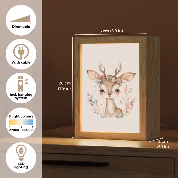 Hert - Bohemian - Bloemen - Bosdieren Light Box met kabel (Kinderlampje) klein -USP_EN