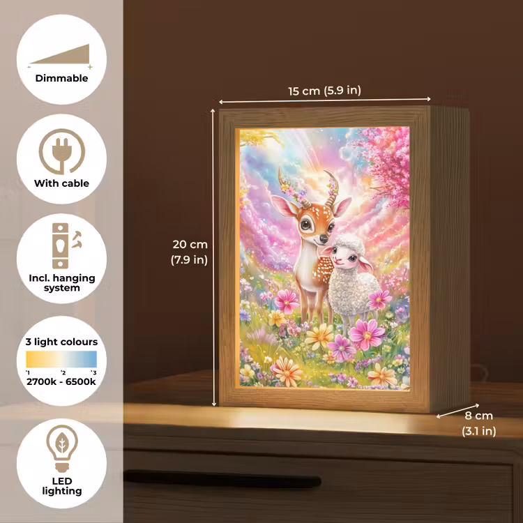 Hertje - Lammetje - Bloemen - Pastel Light Box met kabel (Kinderlampje) klein -USP_EN