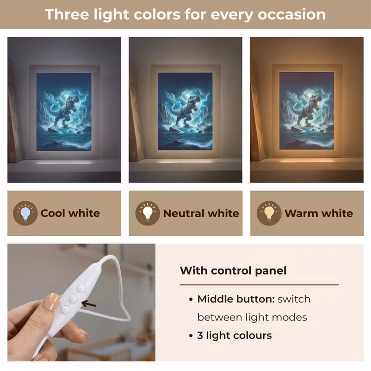 Dino - Blauw - Jongens Light Box met kabel (Kinderlampje) klein -USP_lichtkleurEN