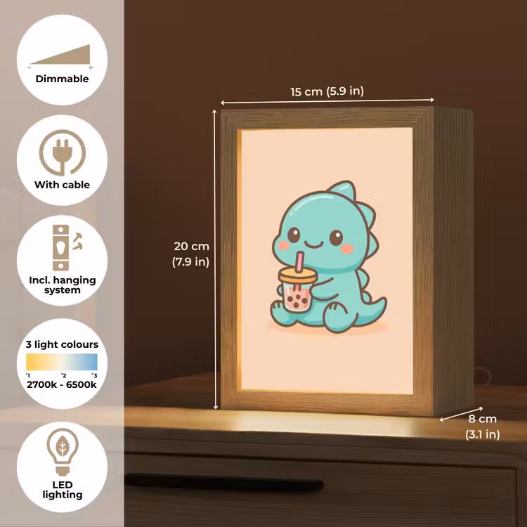 Dino - Boba - kawaii - Oranje Light Box met kabel (Kinderlampje) klein -USP_EN