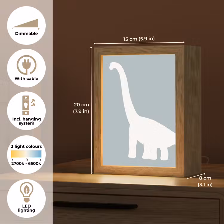 Dino - Brachiosaurus - Dinosaurus - Blauw Light Box met kabel (Kinderlampje) klein -USP_EN