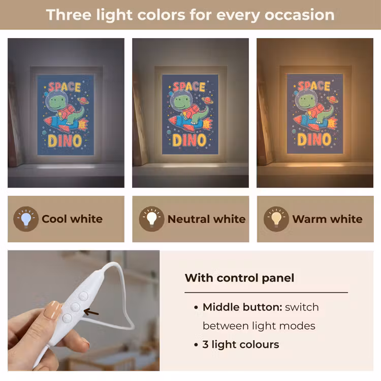Dino - Raket - Kleurrijk Light Box met kabel (Kinderlampje) klein -USP_lichtkleurEN